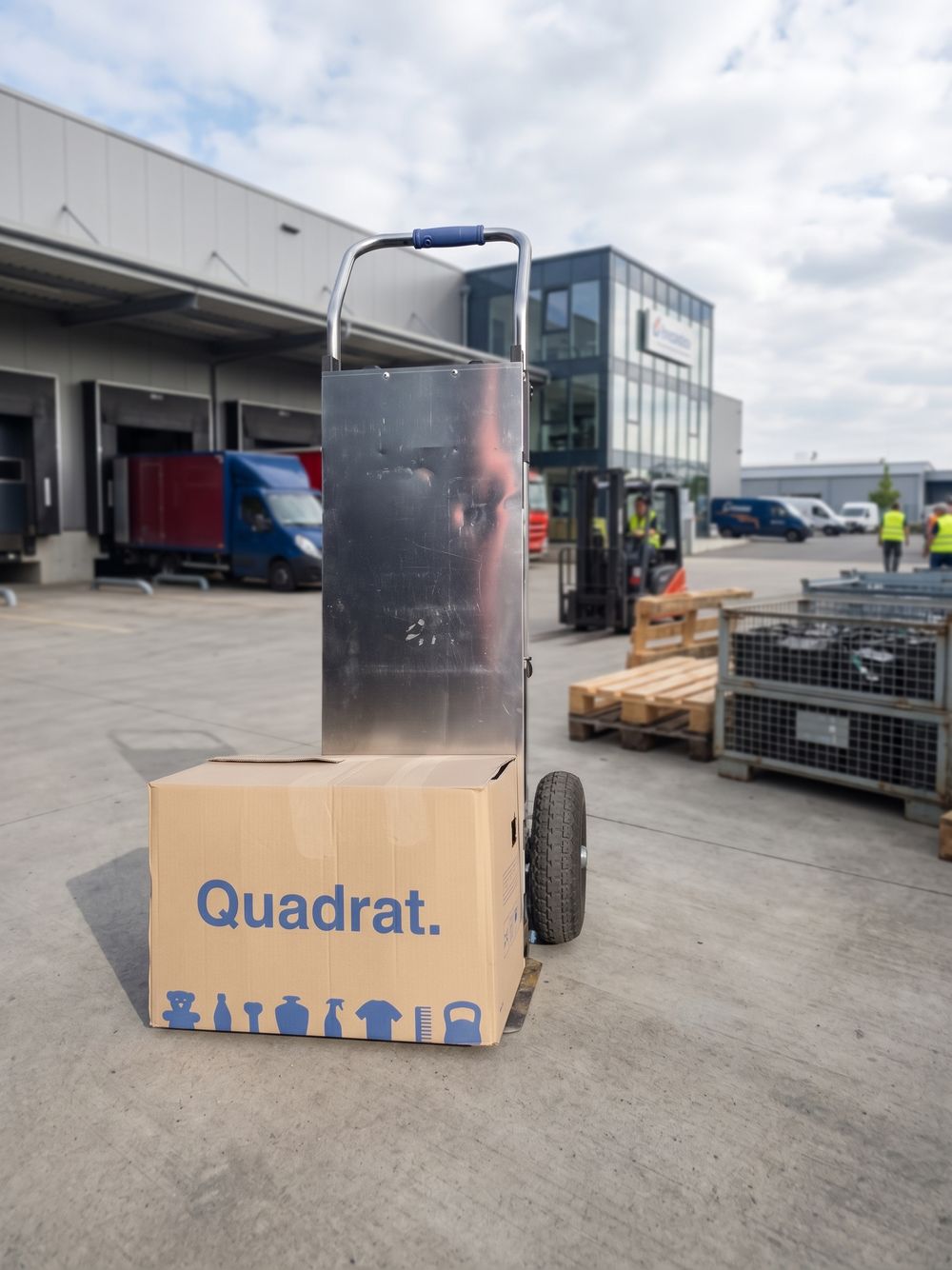 Elektrische Sackkarre mit Karton auf einem Logistikhof