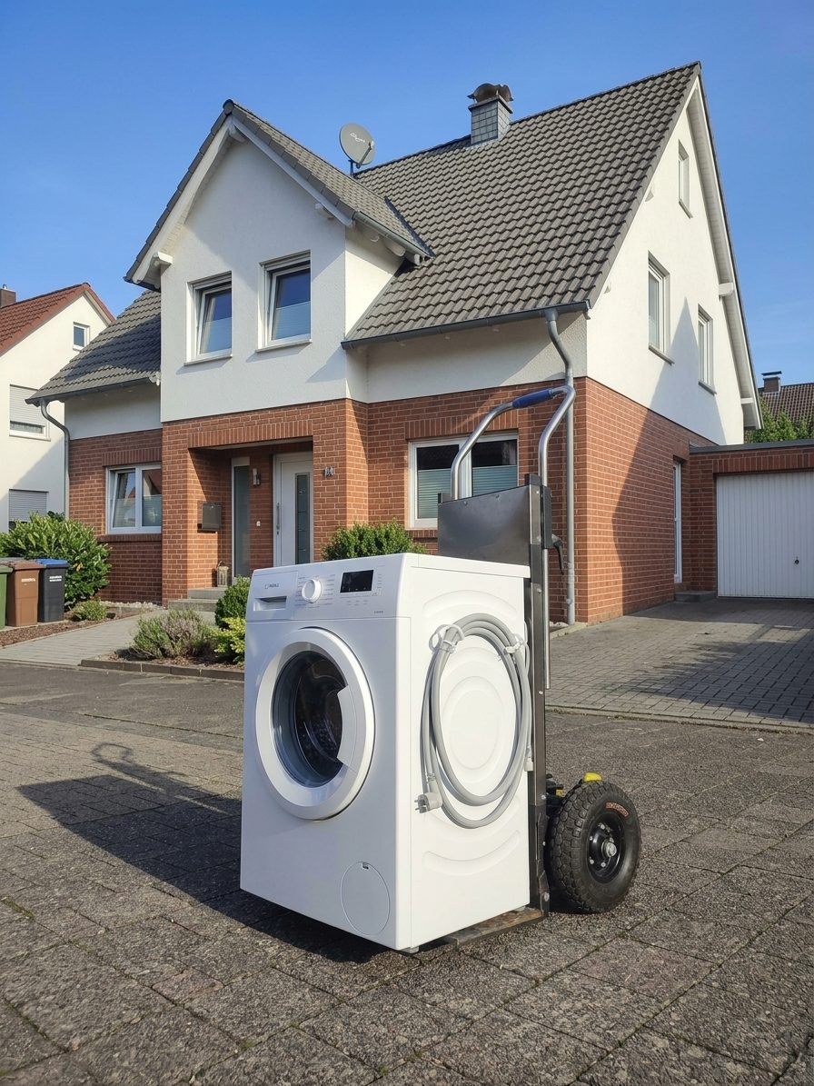 Waschmaschine auf der elektrischen Sackkarre vor einem Einfamilienhaus – Waschmaschine transportieren