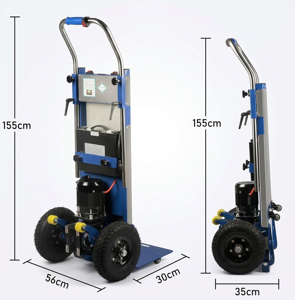 Maße der elektrischen Sackkarre von vorne und von der Seite